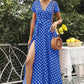Vestido Maxi Lunares Cuello En V Manga Corta Abertura Lateral Verano Retro