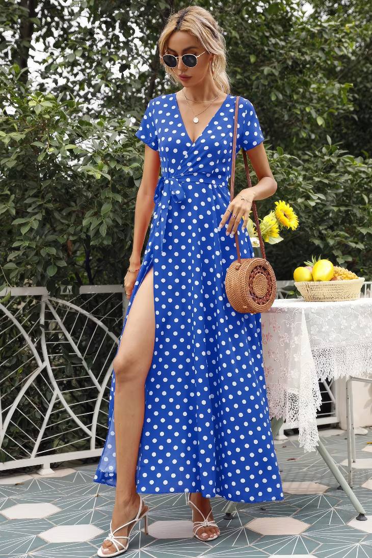 Vestido Maxi Lunares Cuello En V Manga Corta Abertura Lateral Verano Retro