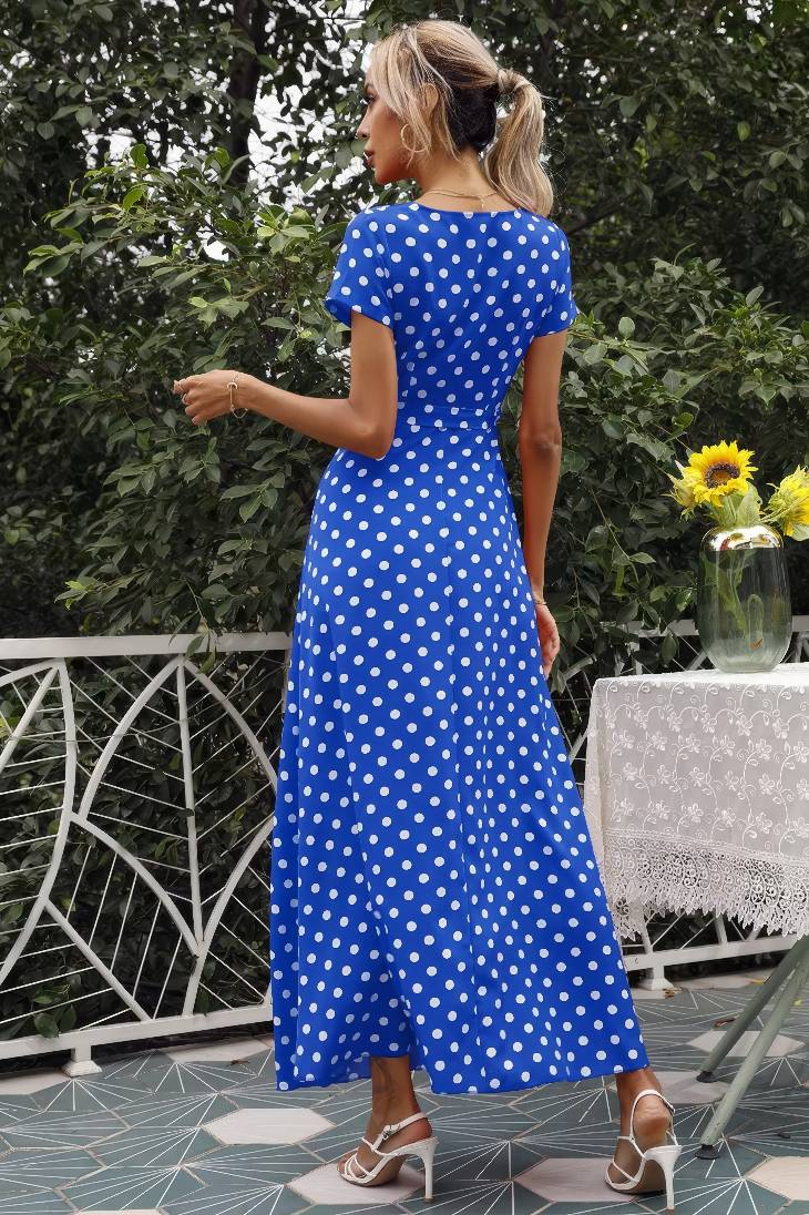 Vestido Maxi Lunares Cuello En V Manga Corta Abertura Lateral Verano Retro