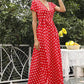 Vestido Maxi Lunares Cuello En V Manga Corta Abertura Lateral Verano Retro