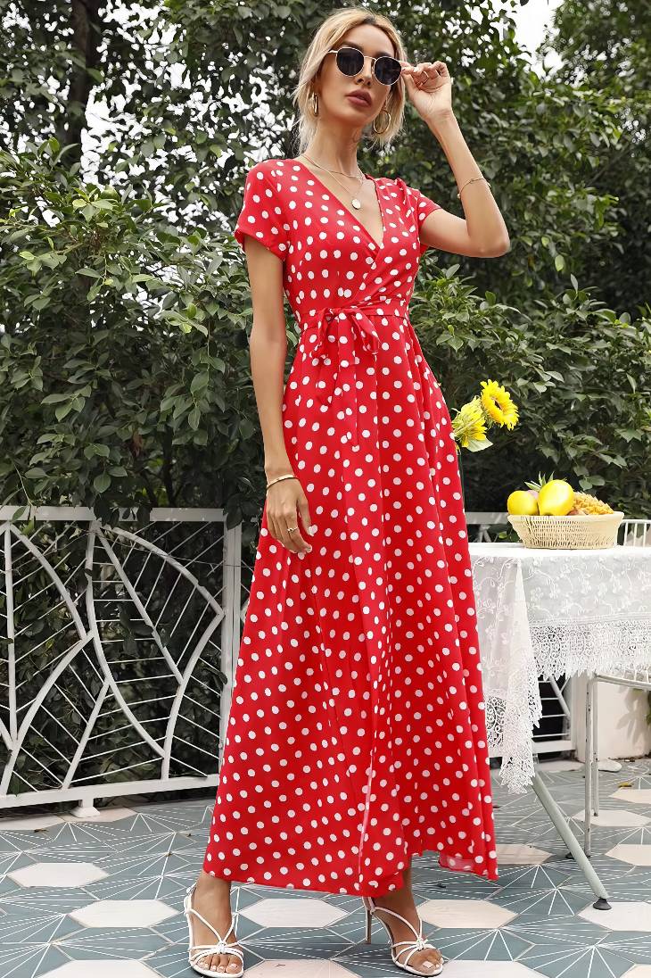 Vestido Maxi Lunares Cuello En V Manga Corta Abertura Lateral Verano Retro