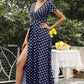 Vestido Maxi Lunares Cuello En V Manga Corta Abertura Lateral Verano Retro