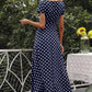 Vestido Maxi Lunares Cuello En V Manga Corta Abertura Lateral Verano Retro