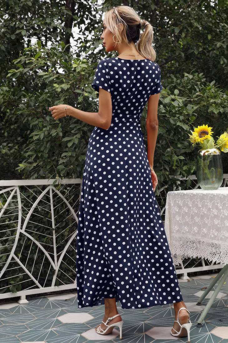 Vestido Maxi Lunares Cuello En V Manga Corta Abertura Lateral Verano Retro