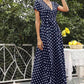 Vestido Maxi Lunares Cuello En V Manga Corta Abertura Lateral Verano Retro