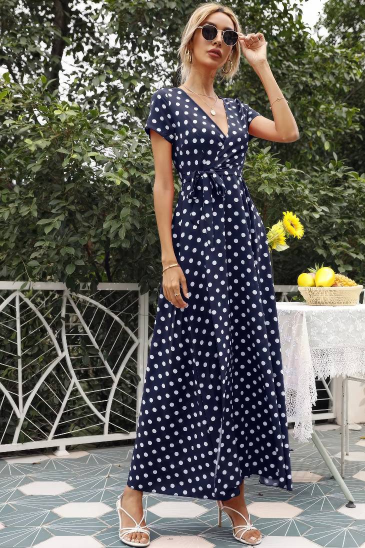 Vestido Maxi Lunares Cuello En V Manga Corta Abertura Lateral Verano Retro