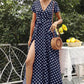 Vestido Maxi Lunares Cuello En V Manga Corta Abertura Lateral Verano Retro