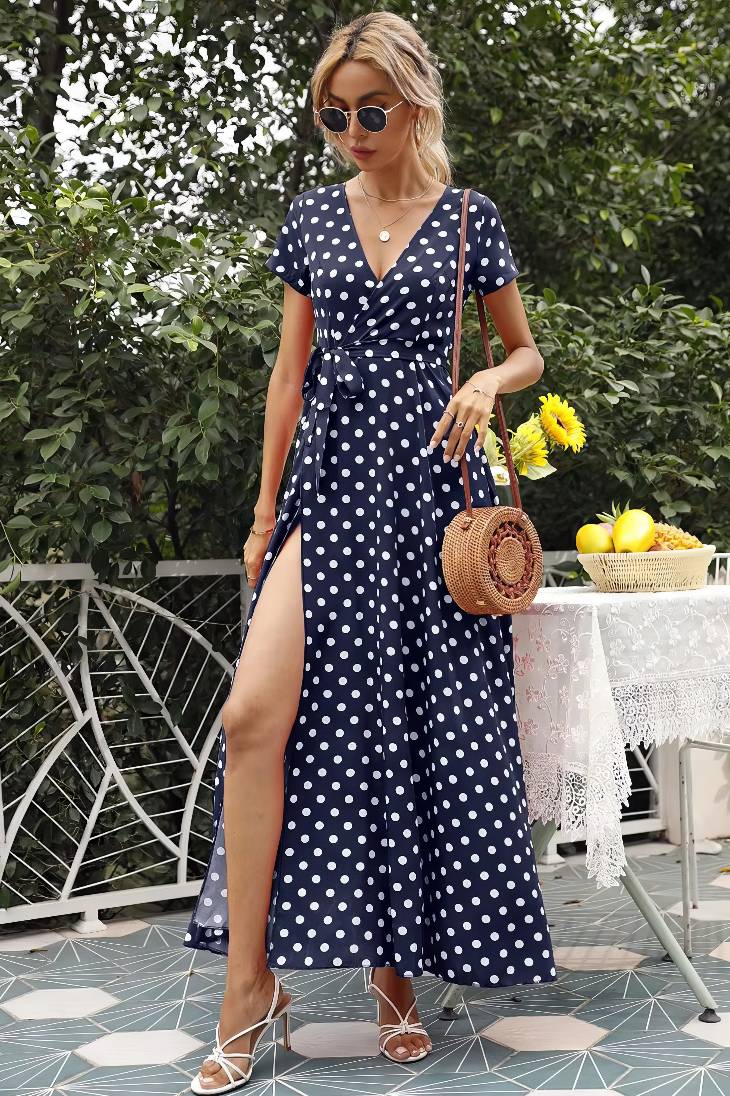 Vestido Maxi Lunares Cuello En V Manga Corta Abertura Lateral Verano Retro