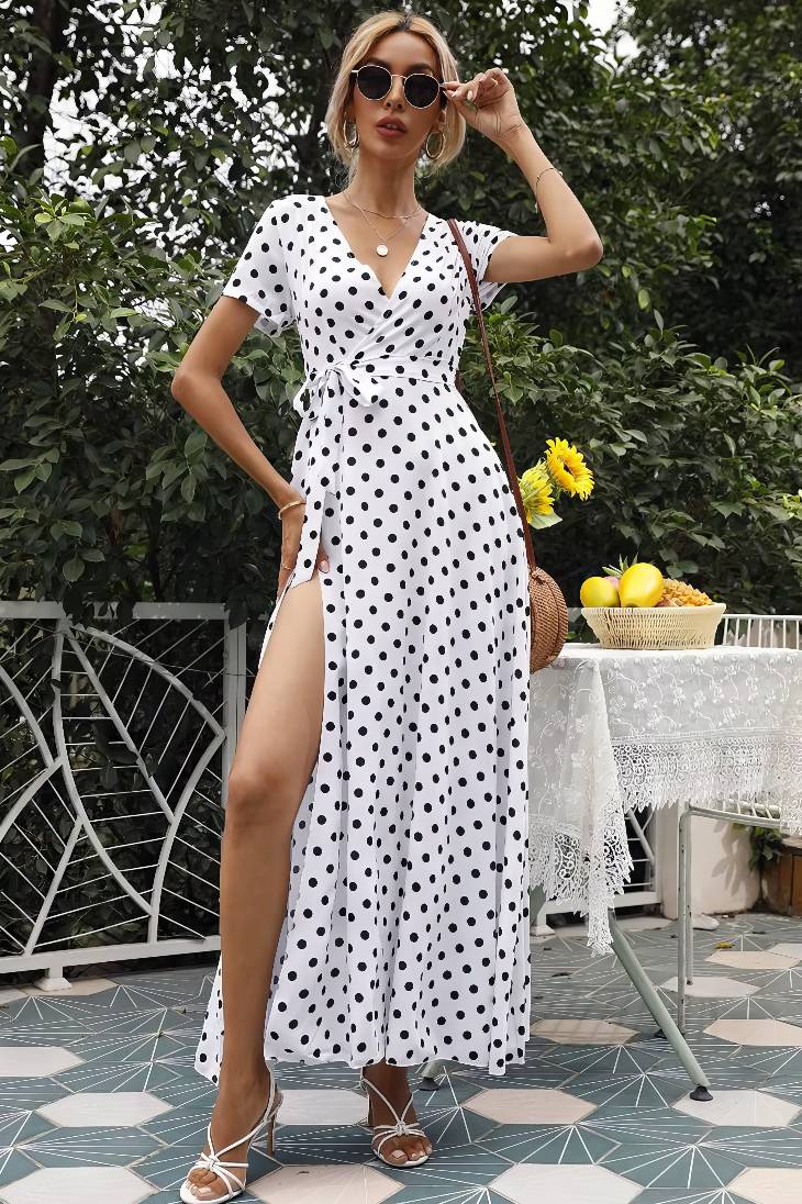 Vestido Maxi Lunares Cuello En V Manga Corta Abertura Lateral Verano Retro