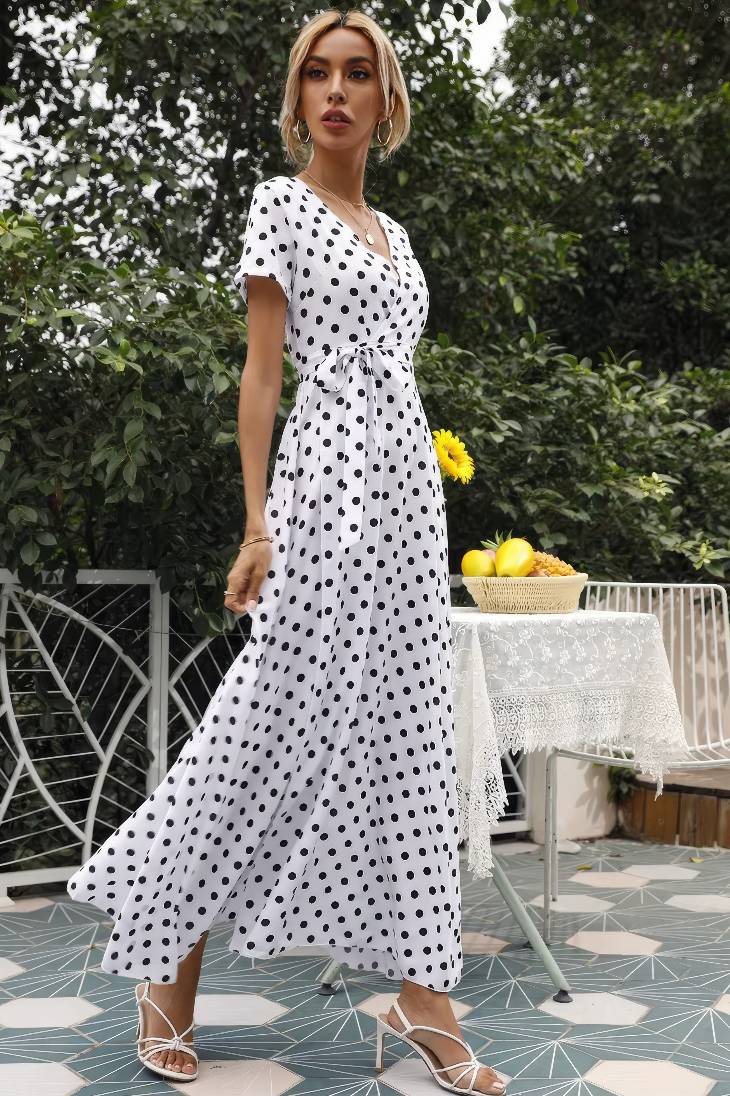 Vestido Maxi Lunares Cuello En V Manga Corta Abertura Lateral Verano Retro