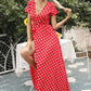 Vestido Maxi Lunares Cuello En V Manga Corta Abertura Lateral Verano Retro