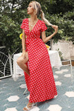 Vestido Maxi Lunares Cuello En V Manga Corta Abertura Lateral Verano Retro