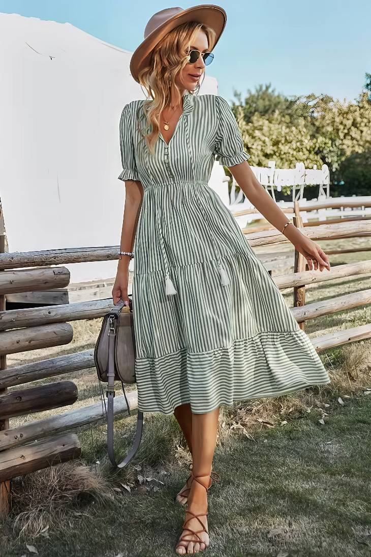 Vestido Midi A Rayas Cuello En V Manga Corta Botones Cintura Ajustada Verano Boho