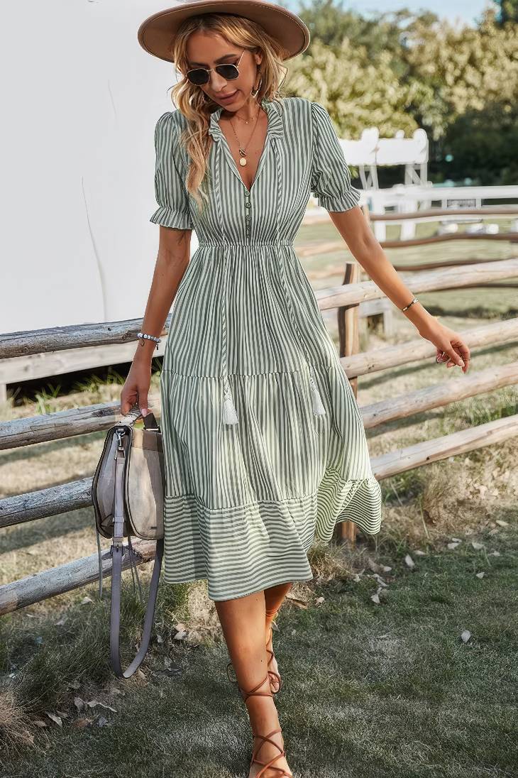 Vestido Midi A Rayas Cuello En V Manga Corta Botones Cintura Ajustada Verano Boho