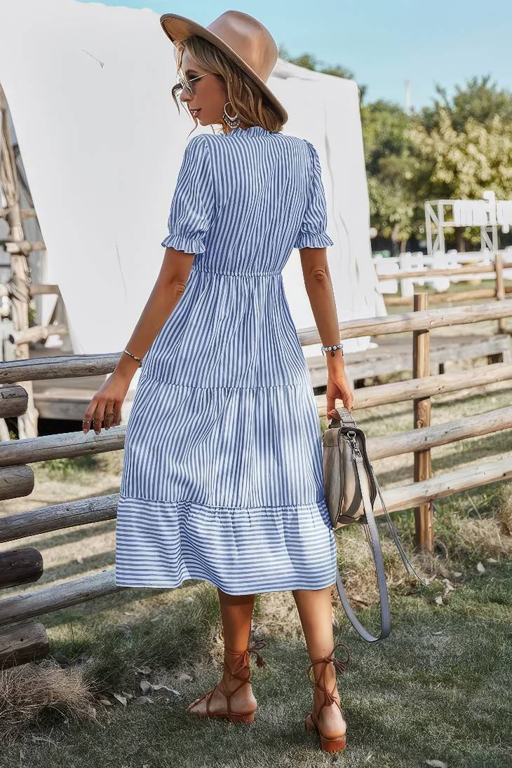 Vestido Midi A Rayas Cuello En V Manga Corta Botones Cintura Ajustada Verano Boho