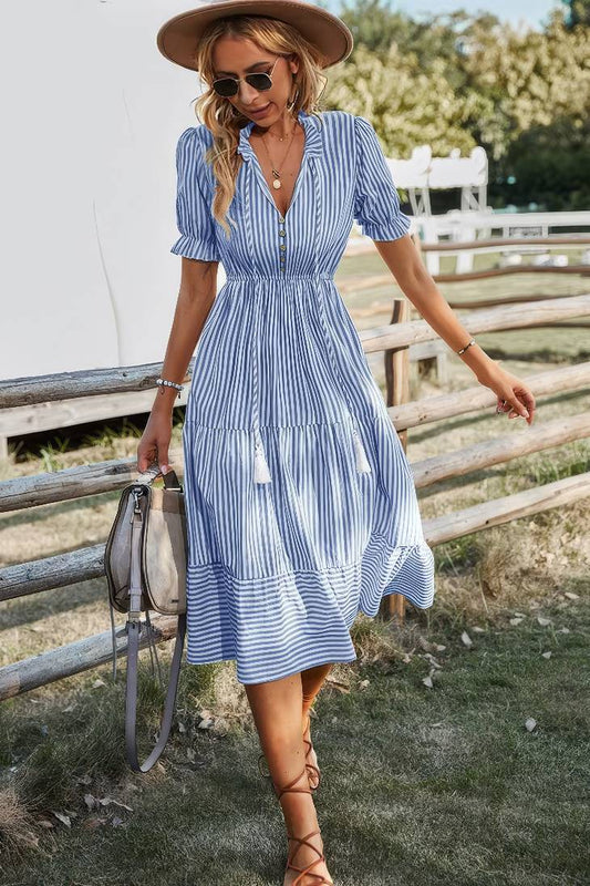 Vestido Midi A Rayas Cuello En V Manga Corta Botones Cintura Ajustada Verano Boho
