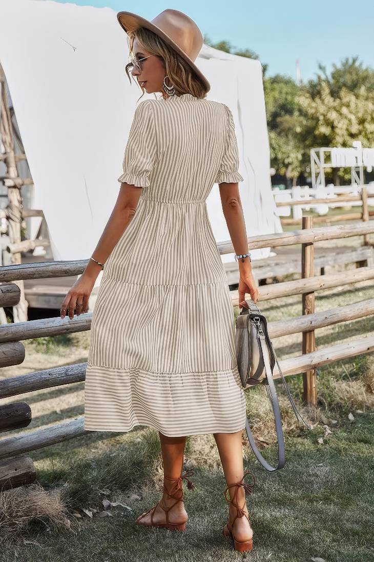 Vestido Midi A Rayas Cuello En V Manga Corta Botones Cintura Ajustada Verano Boho