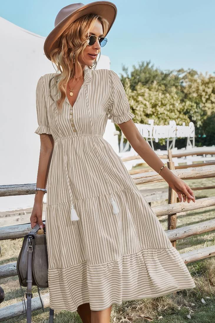 Vestido Midi A Rayas Cuello En V Manga Corta Botones Cintura Ajustada Verano Boho