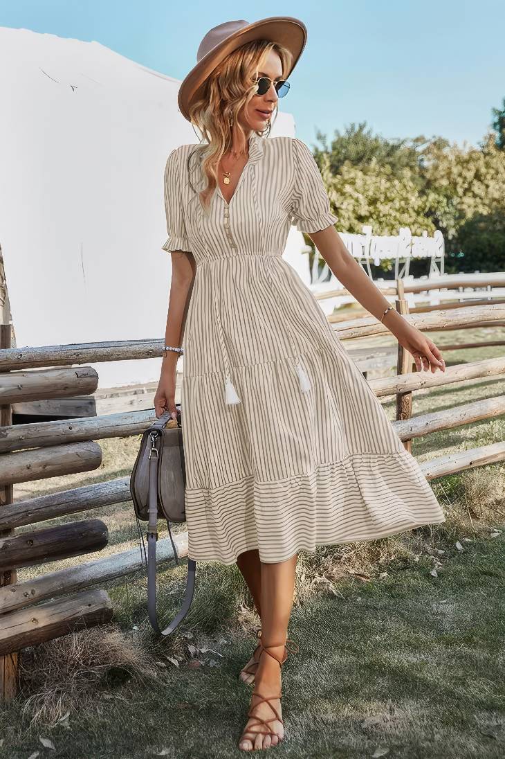 Vestido Midi A Rayas Cuello En V Manga Corta Botones Cintura Ajustada Verano Boho