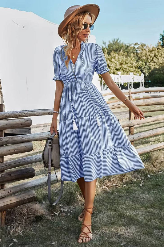 Vestido Midi A Rayas Cuello En V Manga Corta Botones Cintura Ajustada Verano Boho