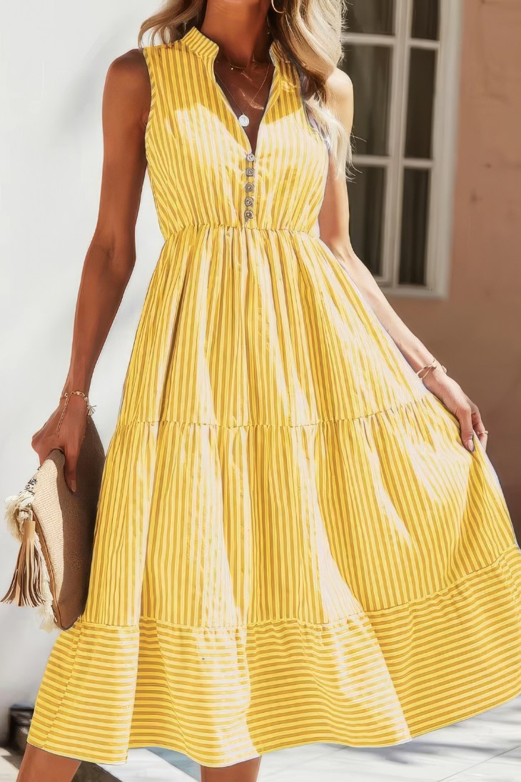 Vestido Midi A Rayas Cuello En V Sin Mangas Botones Cintura Ajustada Volantes Verano Boho