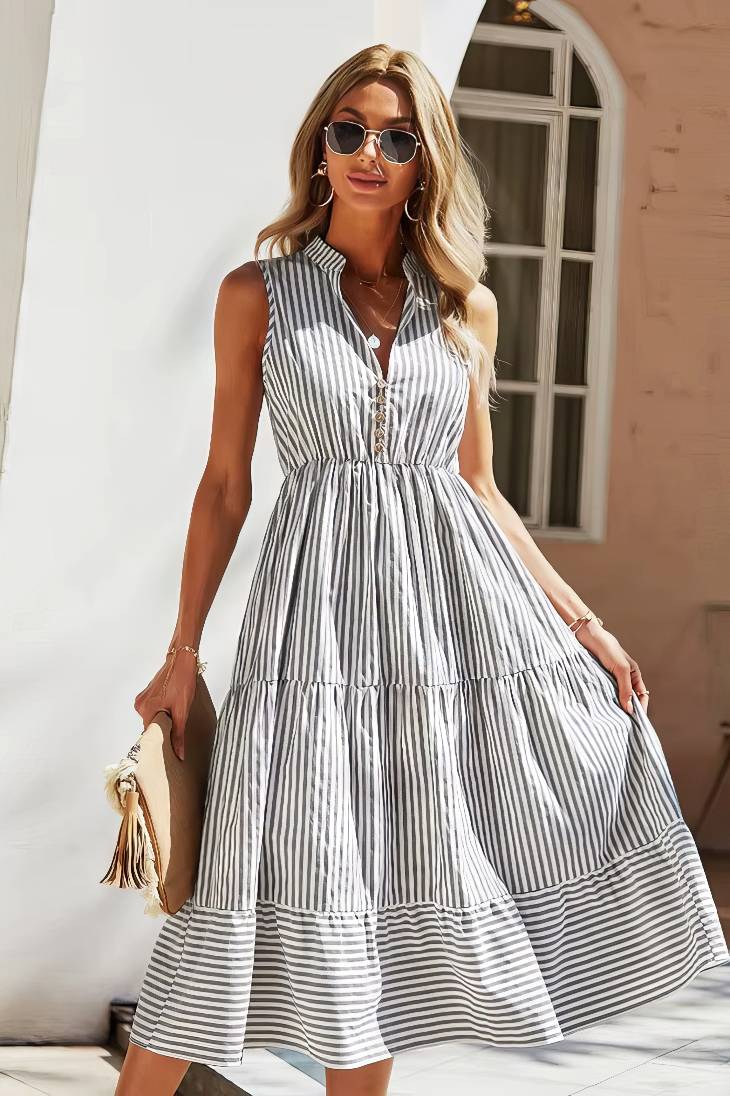 Vestido Midi A Rayas Cuello En V Sin Mangas Botones Cintura Ajustada Volantes Verano Boho