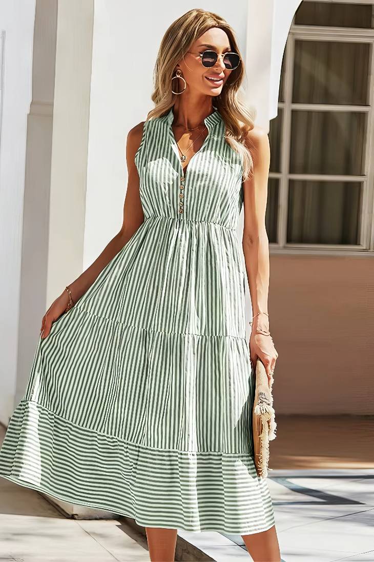 Vestido Midi A Rayas Cuello En V Sin Mangas Botones Cintura Ajustada Volantes Verano Boho