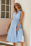 Vestido Midi A Rayas Cuello En V Sin Mangas Botones Cintura Ajustada Volantes Verano Boho