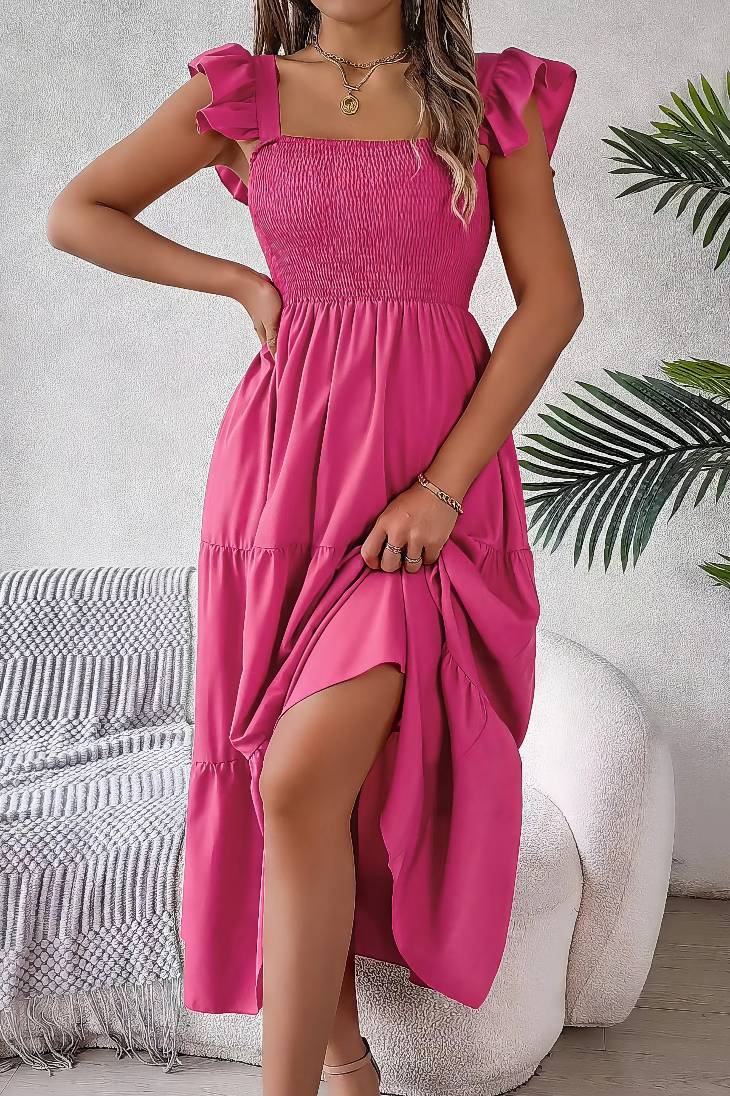 Vestido Midi Cuello Cuadrado Sin Mangas Hombros Con Volantes Cintura Fruncida Verano Boho