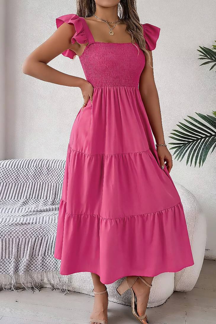 Vestido Midi Cuello Cuadrado Sin Mangas Hombros Con Volantes Cintura Fruncida Verano Boho