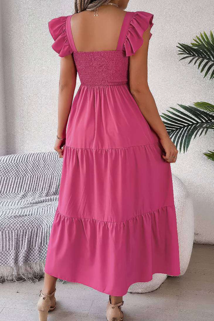 Vestido Midi Cuello Cuadrado Sin Mangas Hombros Con Volantes Cintura Fruncida Verano Boho