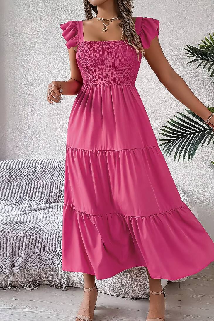 Vestido Midi Cuello Cuadrado Sin Mangas Hombros Con Volantes Cintura Fruncida Verano Boho