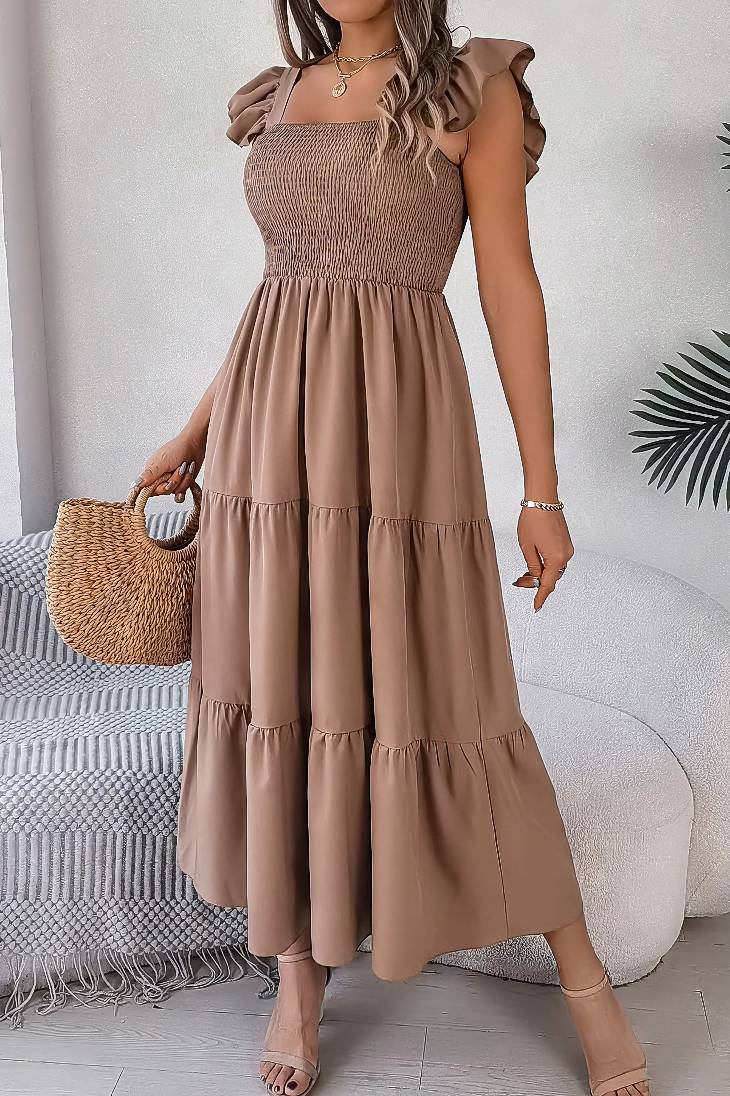 Vestido Midi Cuello Cuadrado Sin Mangas Hombros Con Volantes Cintura Fruncida Verano Boho
