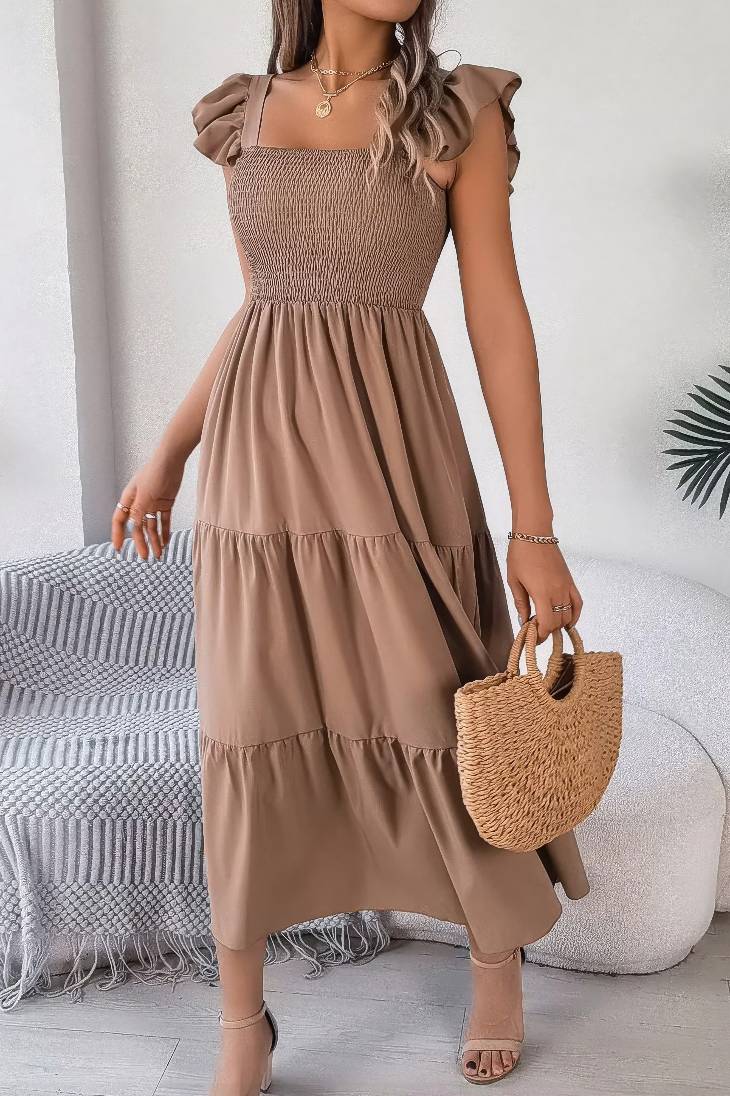 Vestido Midi Cuello Cuadrado Sin Mangas Hombros Con Volantes Cintura Fruncida Verano Boho