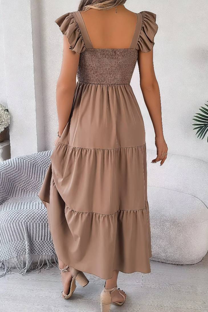 Vestido Midi Cuello Cuadrado Sin Mangas Hombros Con Volantes Cintura Fruncida Verano Boho