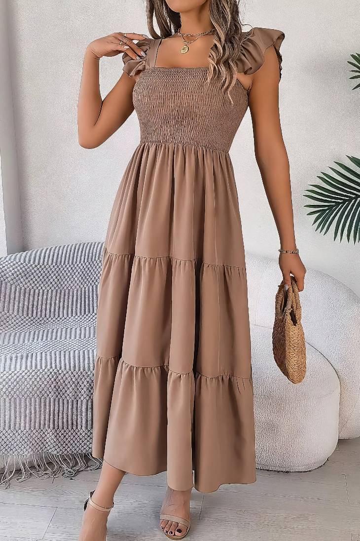 Vestido Midi Cuello Cuadrado Sin Mangas Hombros Con Volantes Cintura Fruncida Verano Boho