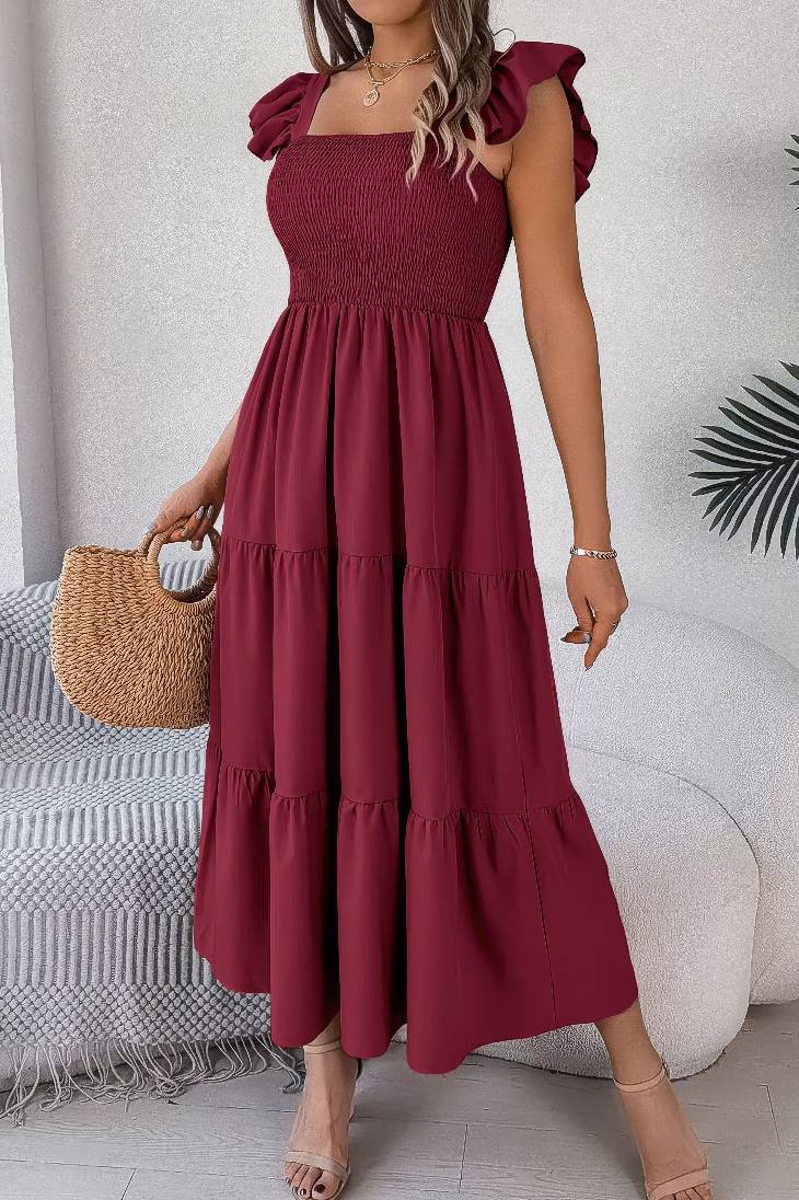 Vestido Midi Cuello Cuadrado Sin Mangas Hombros Con Volantes Cintura Fruncida Verano Boho