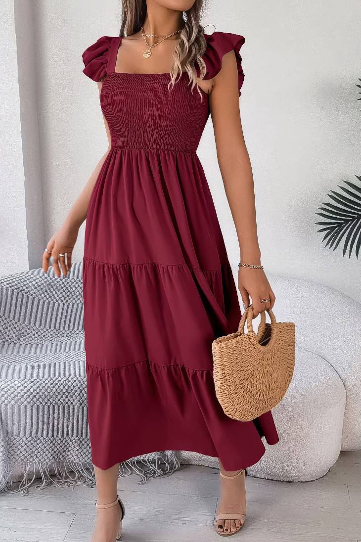 Vestido Midi Cuello Cuadrado Sin Mangas Hombros Con Volantes Cintura Fruncida Verano Boho
