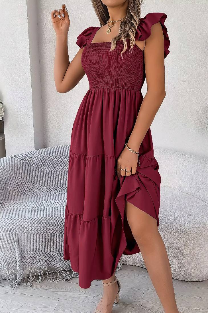 Vestido Midi Cuello Cuadrado Sin Mangas Hombros Con Volantes Cintura Fruncida Verano Boho