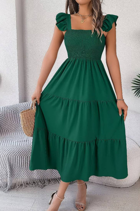 Vestido Midi Cuello Cuadrado Sin Mangas Hombros Con Volantes Cintura Fruncida Verano Boho