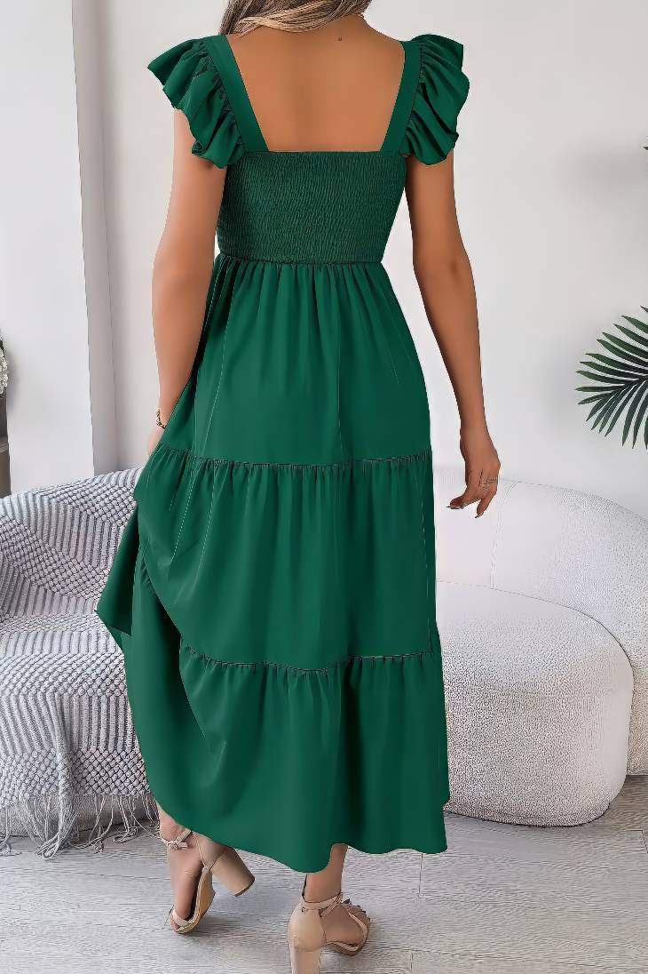 Vestido Midi Cuello Cuadrado Sin Mangas Hombros Con Volantes Cintura Fruncida Verano Boho