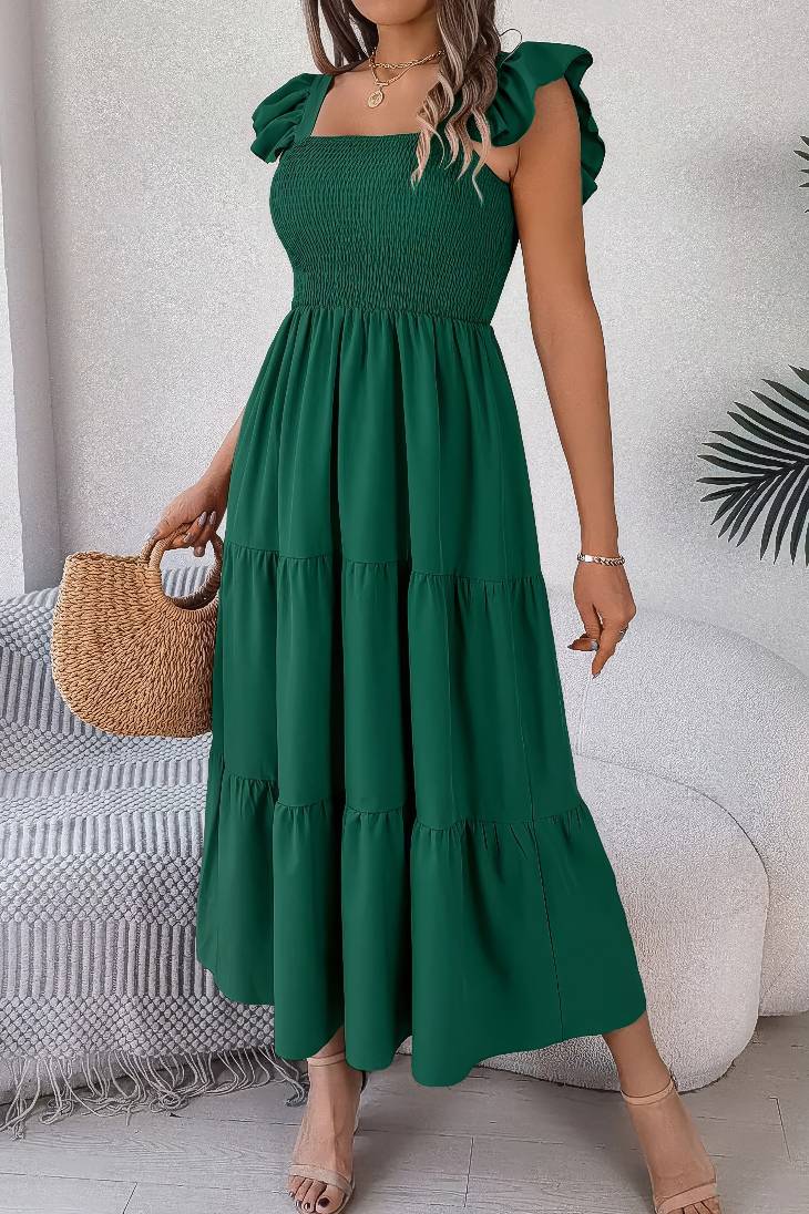 Vestido Midi Cuello Cuadrado Sin Mangas Hombros Con Volantes Cintura Fruncida Verano Boho