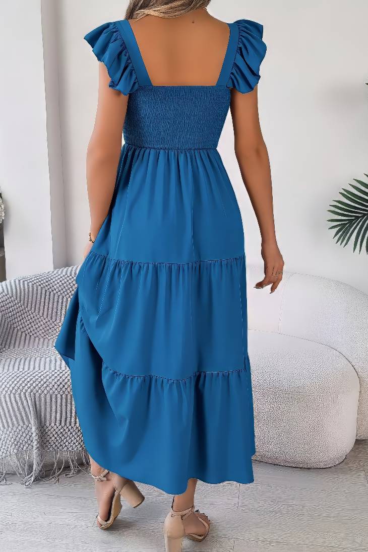 Vestido Midi Cuello Cuadrado Sin Mangas Hombros Con Volantes Cintura Fruncida Verano Boho