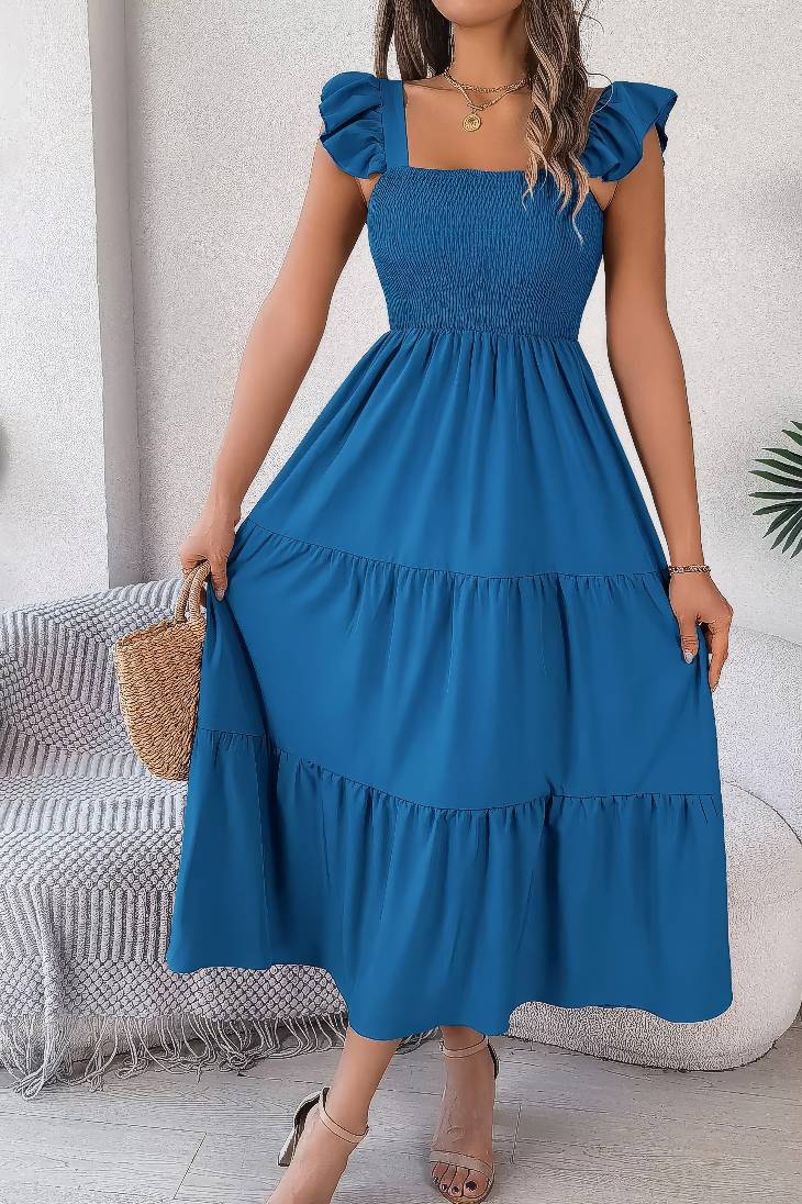 Vestido Midi Cuello Cuadrado Sin Mangas Hombros Con Volantes Cintura Fruncida Verano Boho