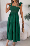 Vestido Midi Cuello Cuadrado Sin Mangas Hombros Con Volantes Cintura Fruncida Verano Boho