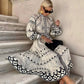 Vestido Midi Estampado Geométrico Cuello Alto Manga Larga Cinturón Línea A Vintage Elegante