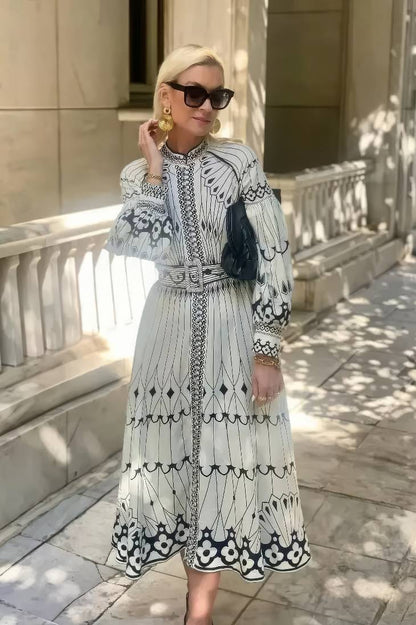 Vestido Midi Estampado Geométrico Cuello Alto Manga Larga Cinturón Línea A Vintage Elegante