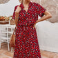 Vestido Midi Leopardo Escote En V Manga Corta Cintura Elástica Falda Fluida Verano