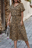 Vestido Midi Leopardo Escote En V Manga Corta Cintura Elástica Falda Fluida Verano