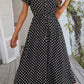 Vestido Midi Lunares Cuello En V Manga Corta Botones Cintura Ajustada Verano Retro